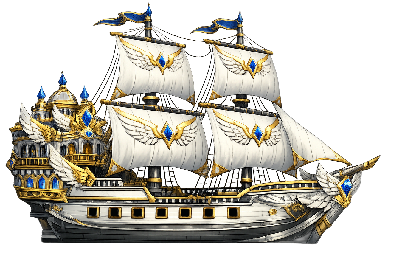 The Celestial Brig, a white and gold warship