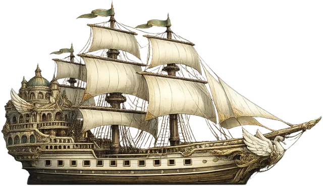 The Capital Ship, a white-sailed galleon with an ornate stern castle