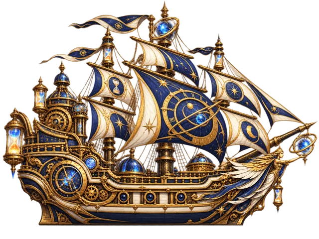 The Man-o'-War, a towering blue and gold warship with celestial sails