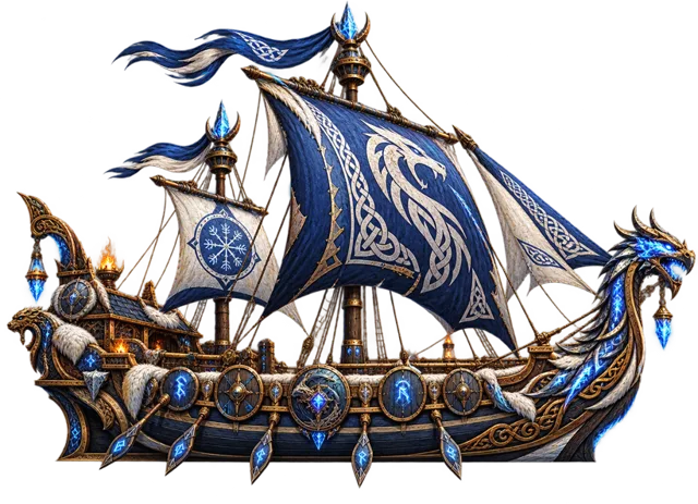 The Sea Dragon, a blue and silver longship with a dragon prow