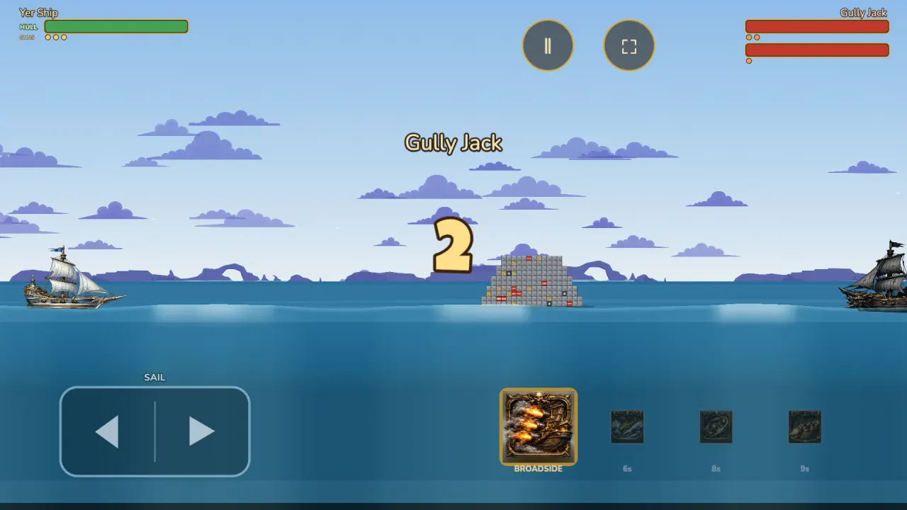 A Ship Busters battle during the pre-fight countdown: hull bars and gun pips top left and right, pause and fullscreen buttons top centre, the SAIL pad bottom left and the Broadside and special buttons bottom right.