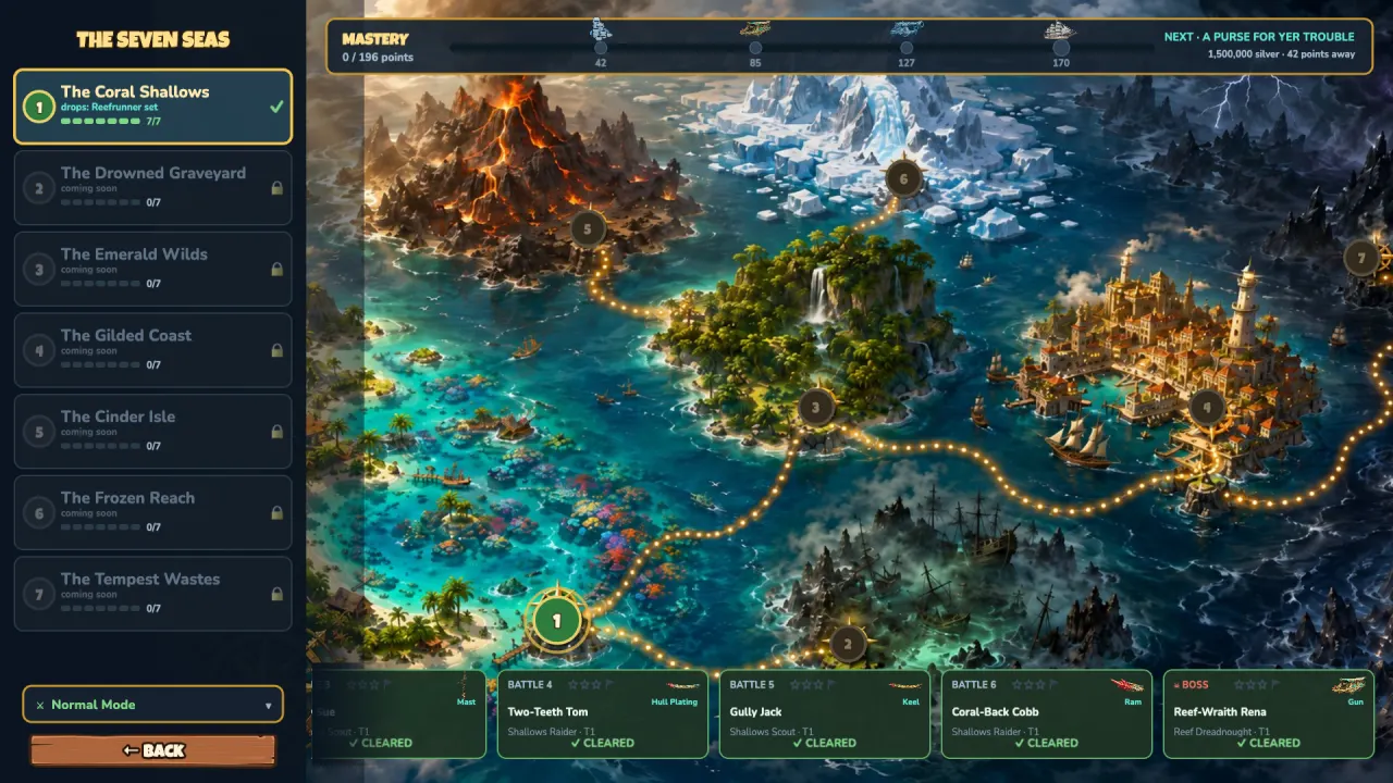 The campaign chart: a painted map of seven seas with a list of seas down the left, the mastery track across the top and battle cards along the bottom.