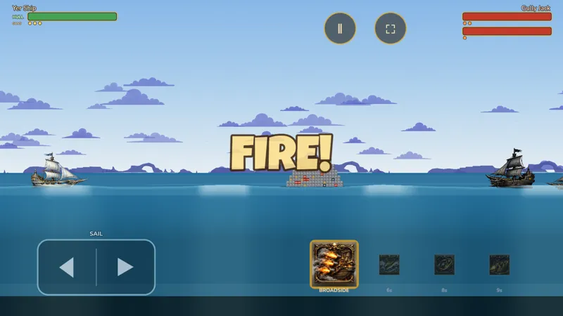 A Ship Busters battle: two ships far apart on open water with FIRE! across the screen