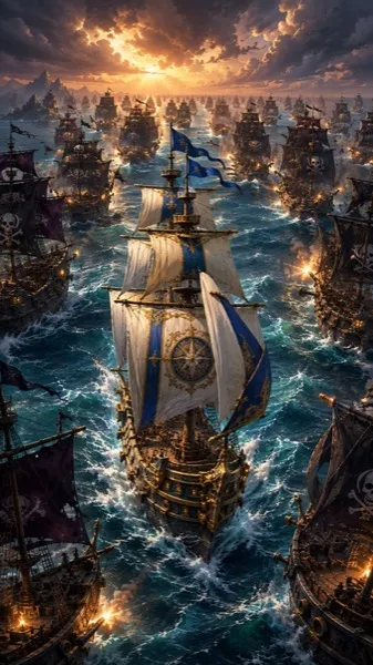 Painted card art for the Gauntlet: a lone white-sailed ship sailing into an endless enemy fleet at sunset