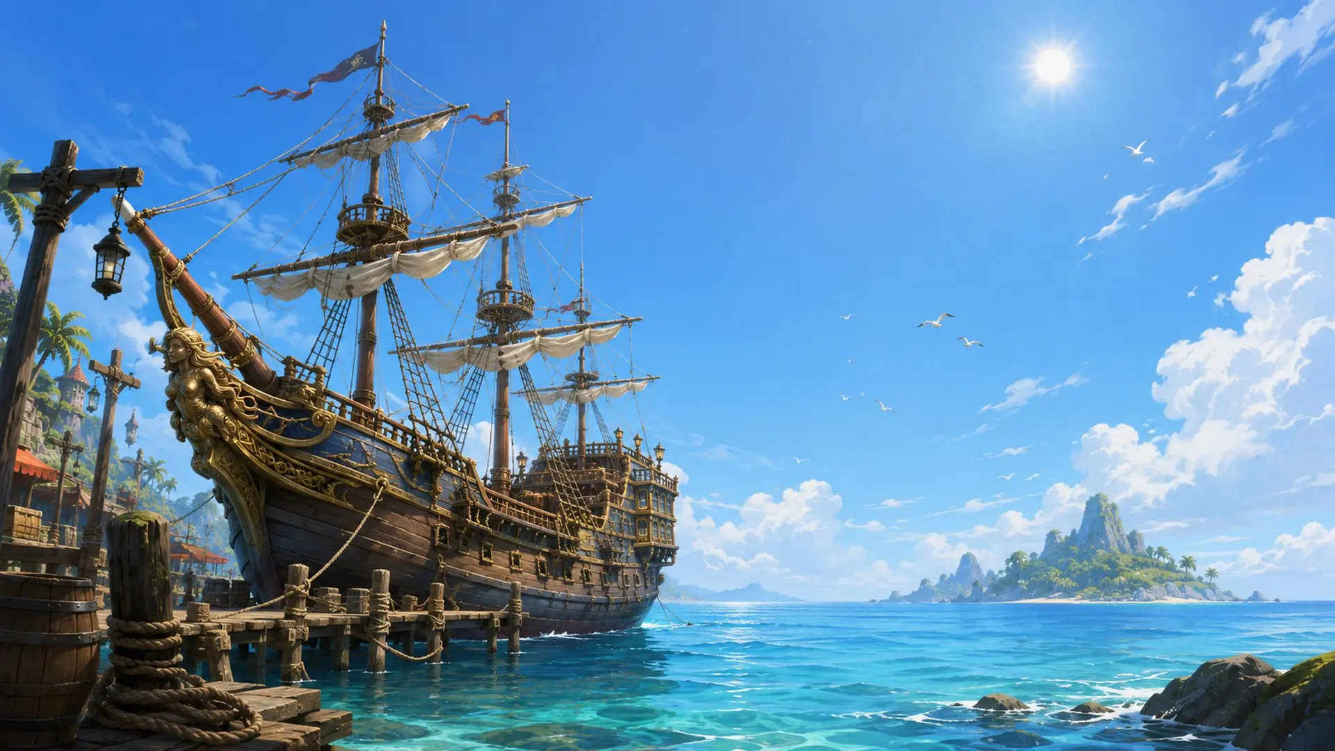 Harbor at golden hour, the Ship Busters main menu background