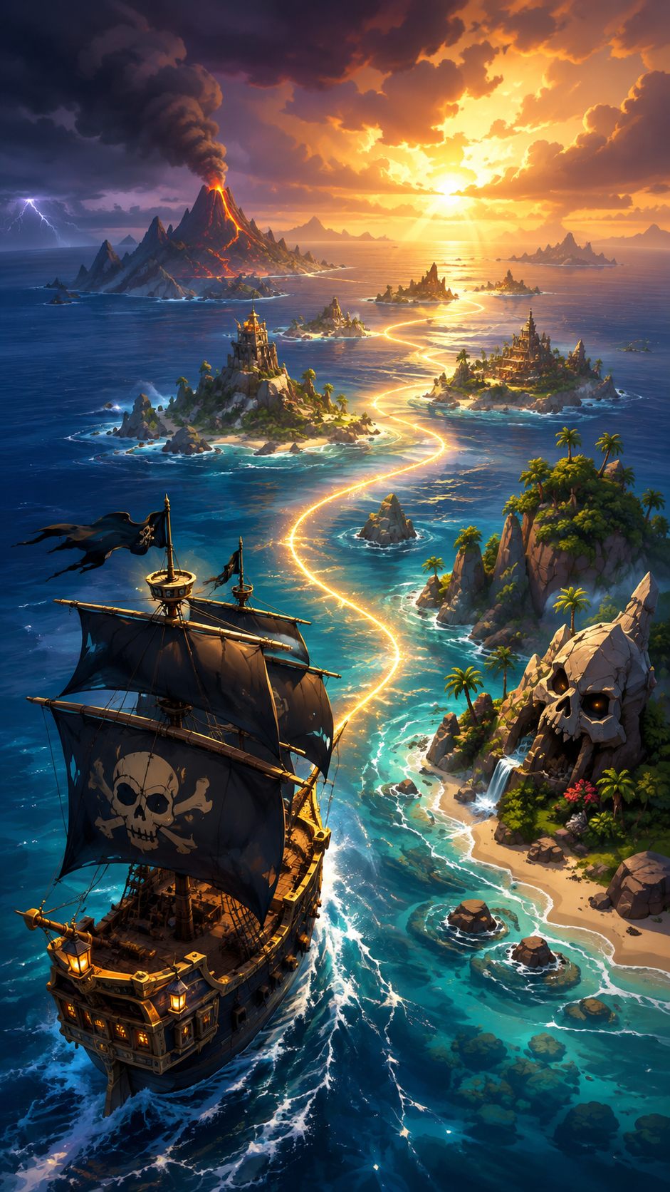 Campaign mode card: a warship sails toward distant islands