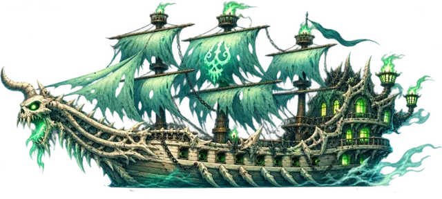 The Drowned Admiral, a horned ghost ship with a skeletal hull and glowing green sails