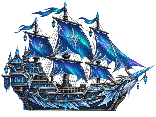 The Glacier King, an icy blue warship under aurora sails