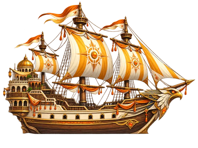 The Harbourmaster, a white and gold galleon with sun-struck sails and an eagle at the bow