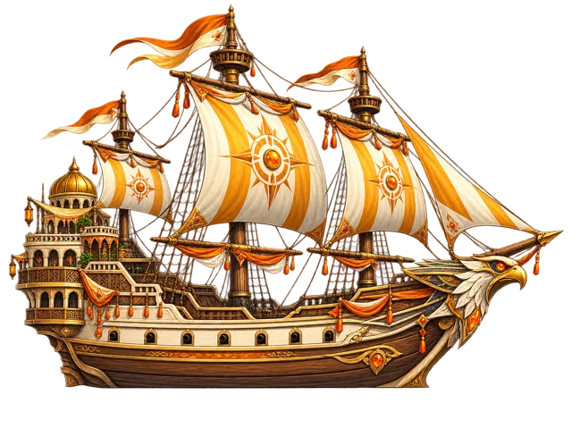 Bright Eagle, a white and gold galleon with sun-emblem sails and an eagle figurehead