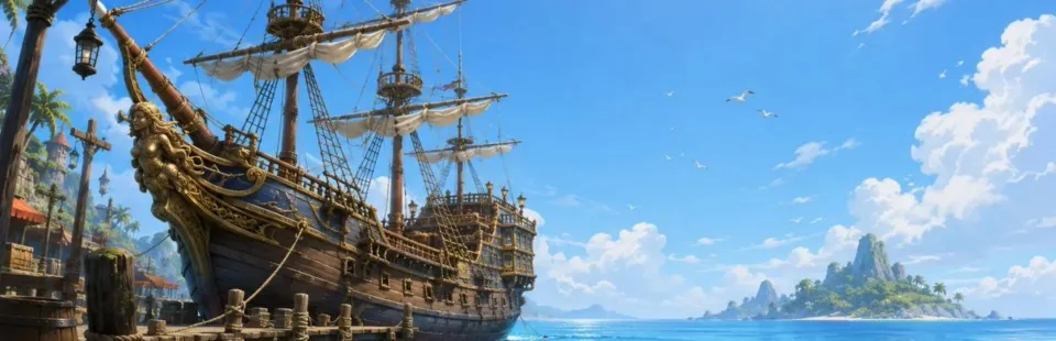 A painted galleon moored at a tropical harbor under a bright sky