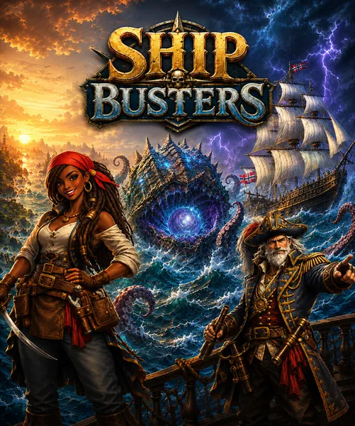 Ship Busters key art: two pirate captains in front of a storm-lashed sea monster and a tall ship, under the gold Ship Busters logo