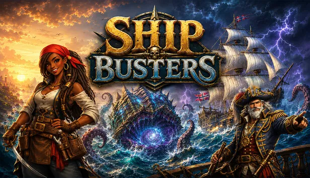 Ship Busters key art, wide crop, with the gold logo between two pirate captains