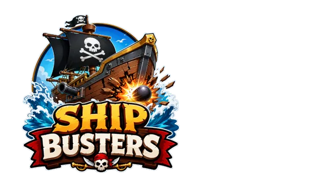 Ship Busters logo on a transparent landscape canvas