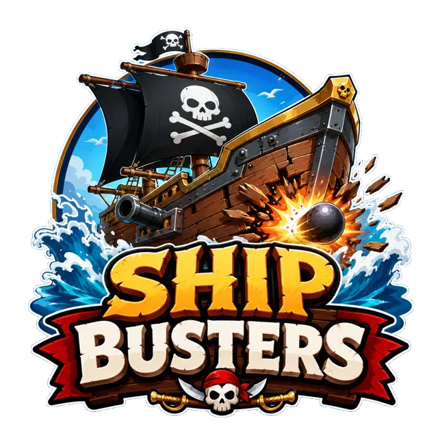 Ship Busters logo: a pirate ship bursting through a cannonball impact above the Ship Busters name