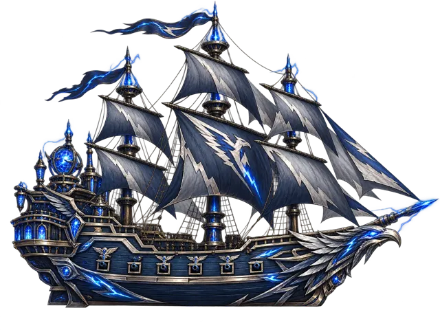 Lightning Jewel, a dark blue warship with storm-patterned sails