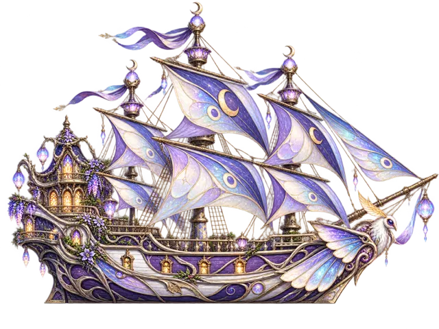 Moth of the Sea, a pale violet ship with moth-wing sails