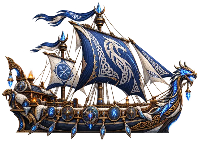 Sea Dragon, a longship with blue knotwork sails and a dragon prow