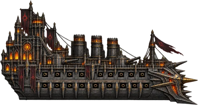The Black Hammer, a long iron-black warship with rows of gunports and red banners