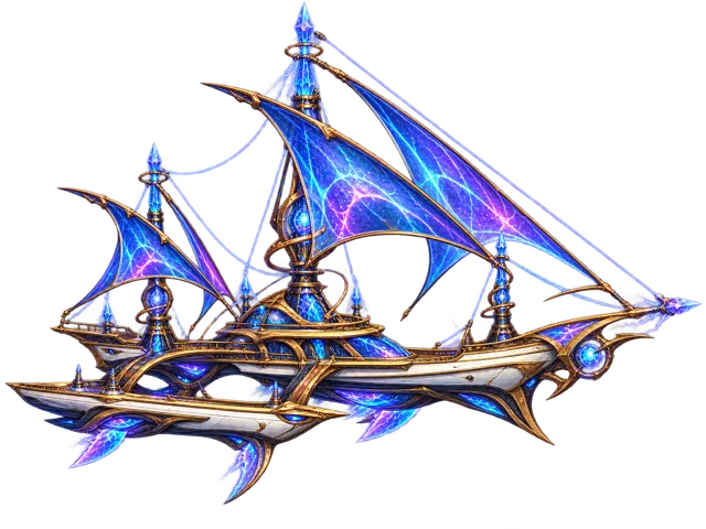 The Celestial, a crystalline ship with glowing blue sails
