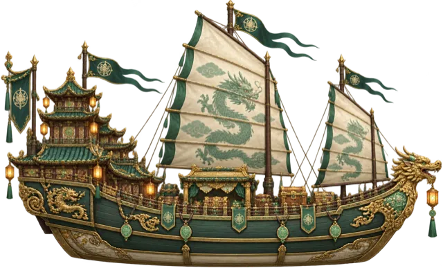 The Temple Ship, a green and gold junk with dragon-painted sails and a pagoda deckhouse