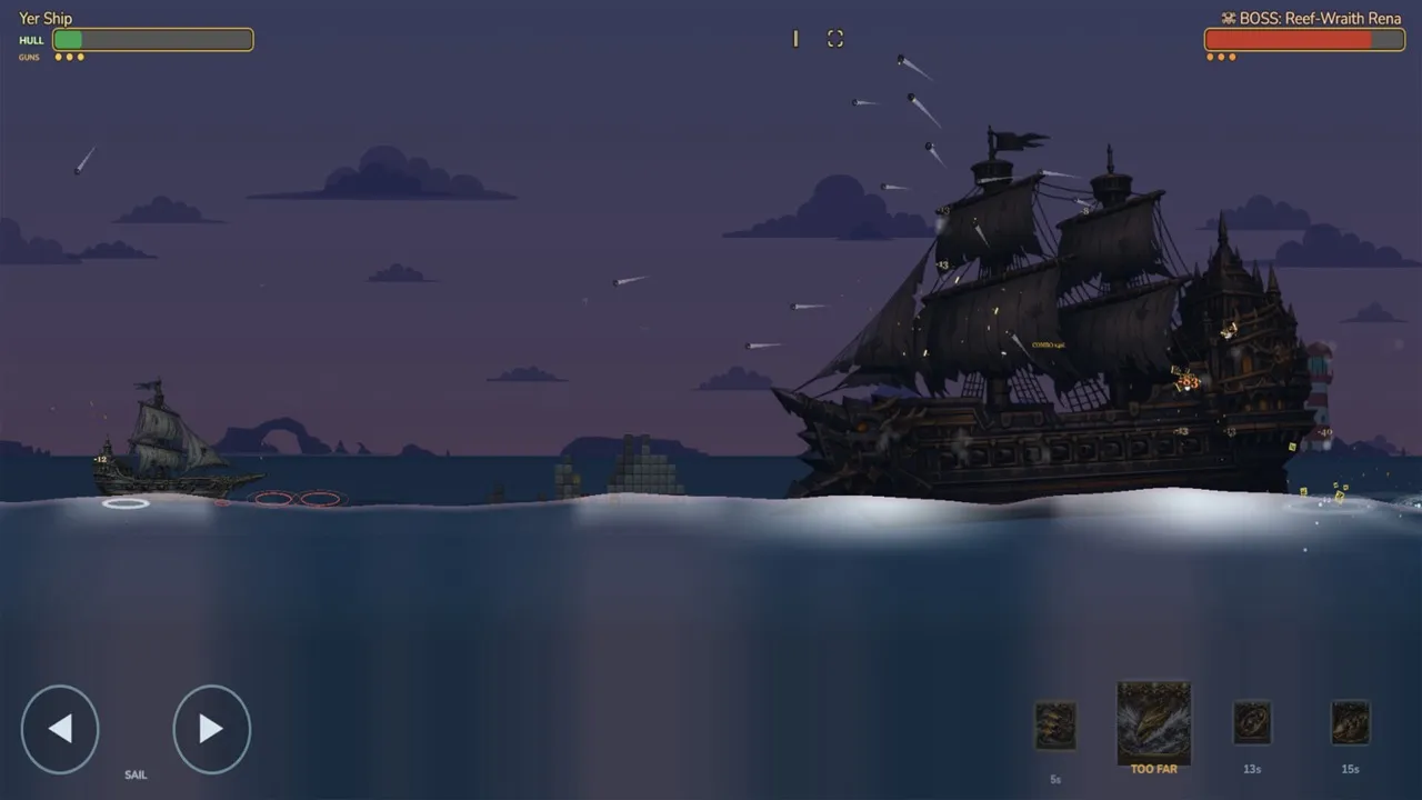 Gameplay: a small ship trades fire with the towering black galleon of the Sea 1 boss, Reef-Wraith Rena, at dusk