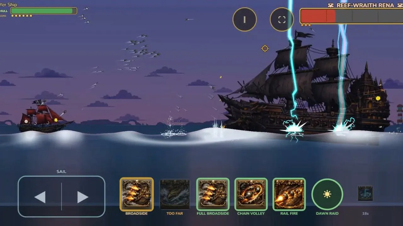 Gameplay: lightning crashes into the sea beside the boss galleon while the special shot bar charges