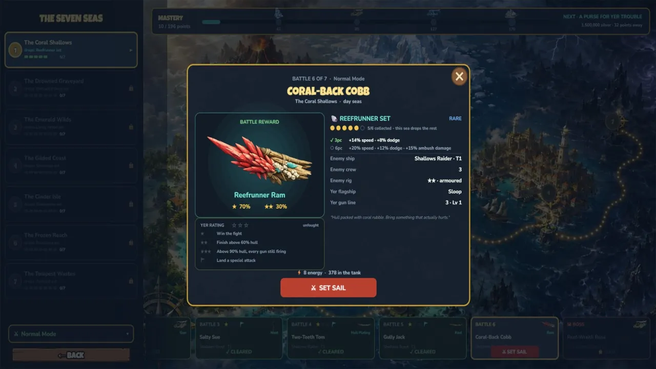 The campaign battle card for Coral-Back Cobb in the Coral Shallows, offering the Reefrunner Ram as a reward
