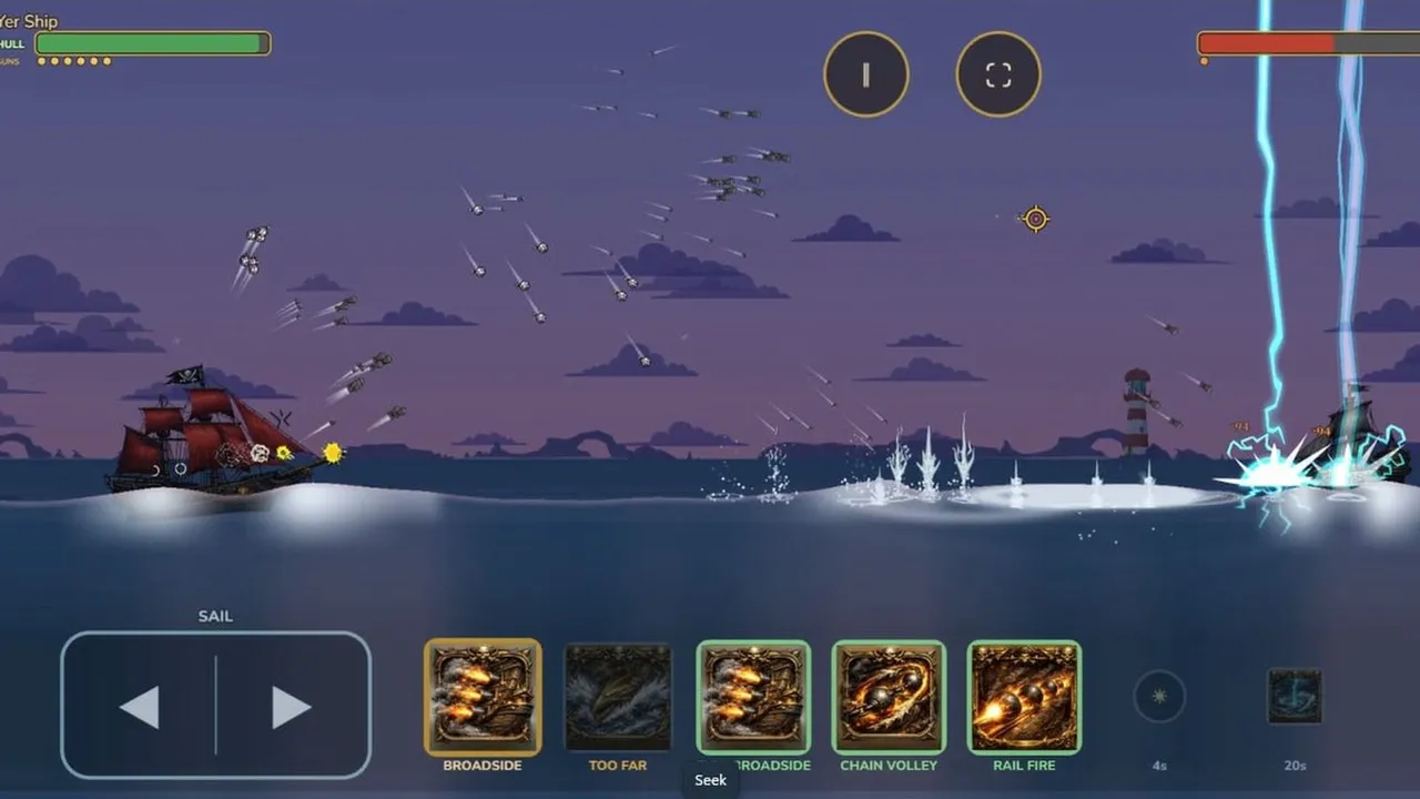 Gameplay: twin bolts of lightning strike an enemy ship as shots fly overhead