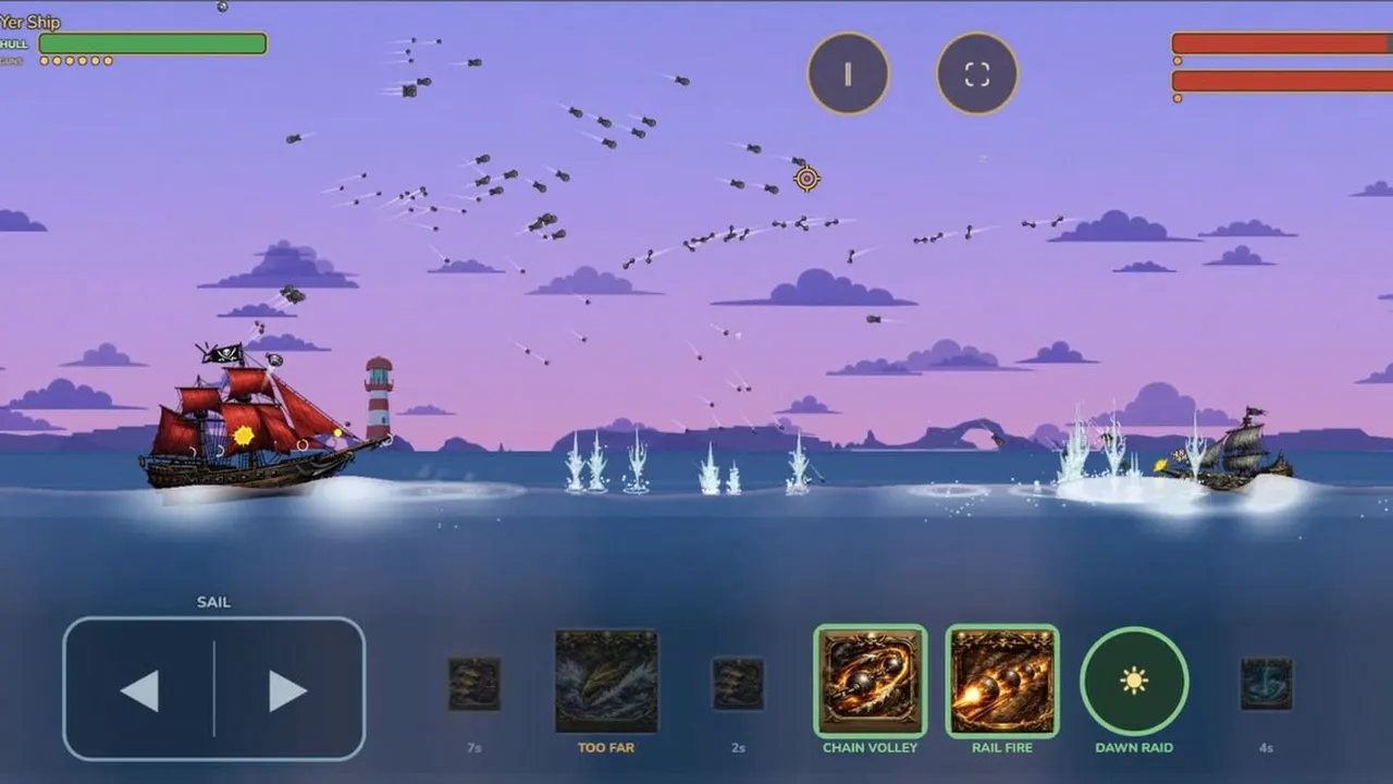 Gameplay: a red-sailed ship launches a volley across the water toward an enemy near a lighthouse
